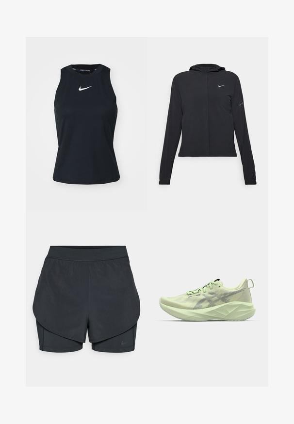 Čierna kapucňová bunda s dlhou rukávou, vyrobená z ľahkého materiálu. Má predný zips, logo Nike a jemné dizajnové akcenty.; Nike Performance ADVANTAGE TANK - Top - black/white; Čierne športové šortky s vrstveným dizajnom, s hladkou vonkajšou vrstvou a priliehavými vnútornými šortkami. Vyrobené z ľahkej, elastickej tkaniny.; Svetlozelená atletická obuv s vrchnou časťou z oka, textúrovanými akcentmi a hrubou, ostrou podrážkou pre zvýšené tlmenie a podporu.