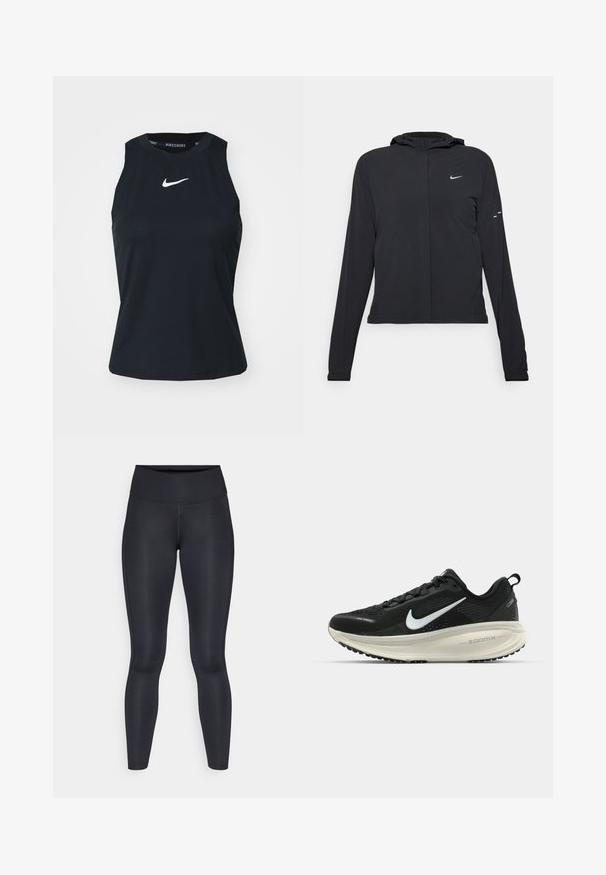 Black hooded jacket with long sleeves, made from lightweight material. Features a front zipper, a Nike logo, and subtle design accents.; Nike Performance ADVANTAGE TANK - Top - black/white; Black leggings made of smooth, stretchy fabric. High waist with no visible patterns or accents. Fit closely from waist to ankles.; Black Nike running shoe with breathable mesh upper, white swoosh logo, textured detailing, and a cream-colored ZoomX midsole.