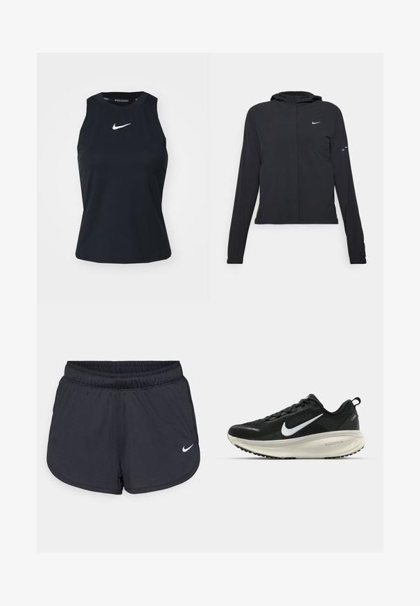 Melnā kapuci jaka ar garām piedurknēm, izgatavota no viegla materiāla. Tam ir priekšējais rāvējslēdzis, Nike logo un smalki dizaina akcenti.; Nike Performance ADVANTAGE TANK - Tops - black/white; Melnas sporta šortus, kas izgatavoti no viegla, elpojoša auduma. Iezīmē elastīga josta un balts Nike logo labajā apakšējā stūrī.; Melnas Nike skriešanas kurpes ar elpojošu acs augšdaļu, baltu Swoosh logotipu, strukturētu apdari un krēmkrāsas ZoomX starpsole.