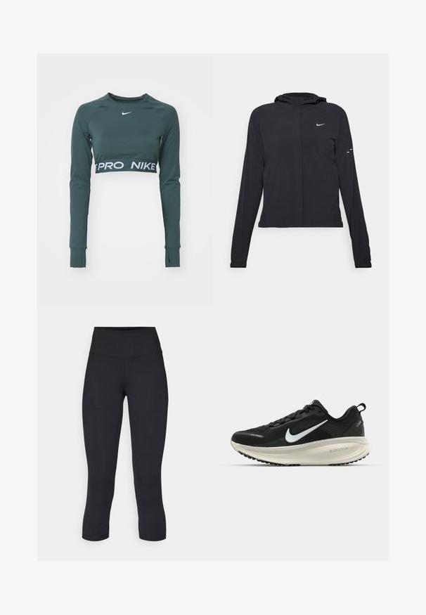 Fekete kapucnis dzseki hosszú ujjakkal, könnyű anyagból készült. Elülső cipzárral, Nike logóval és diszkrét dizájn elemekkel rendelkezik.; Sötétzöld, hosszú ujjú rövid fazonú felső sima anyagból. Jellemző rá egy logó és egy kontrasztos fehér szalag a szegélyén "PRO NIKE" felirattal.; Fekete, rövidített leggings elasztikus anyagból, magas derékkal és sima textúrával, látható minták vagy fémalkatrészek nélkül.; Fekete Nike futócipő légáteresztő hálós felsőrésszel, fehér Swoosh logóval, textúrázott részletekkel és krém színű ZoomX középtalppal.