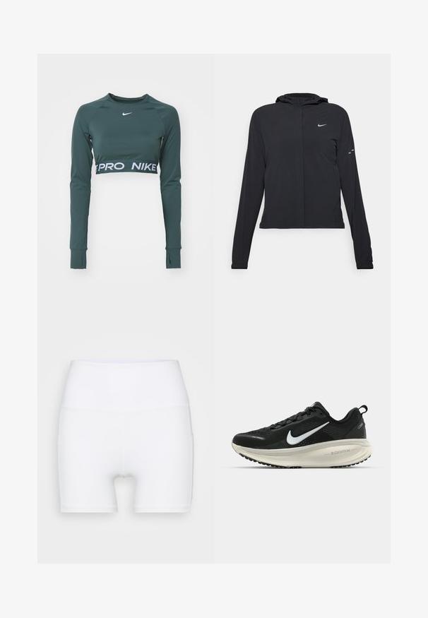 Black hooded jacket with long sleeves, made from lightweight material. Features a front zipper, a Nike logo, and subtle design accents.; Dark green long-sleeve crop top made from smooth fabric. Features a logo and a contrasting white band with "PRO NIKE" text at the hem.; White high-waisted shorts made from stretch fabric. Features a smooth texture and fitted design, with no additional patterns or hardware.; Black Nike running shoe with breathable mesh upper, white swoosh logo, textured detailing, and a cream-colored ZoomX midsole.