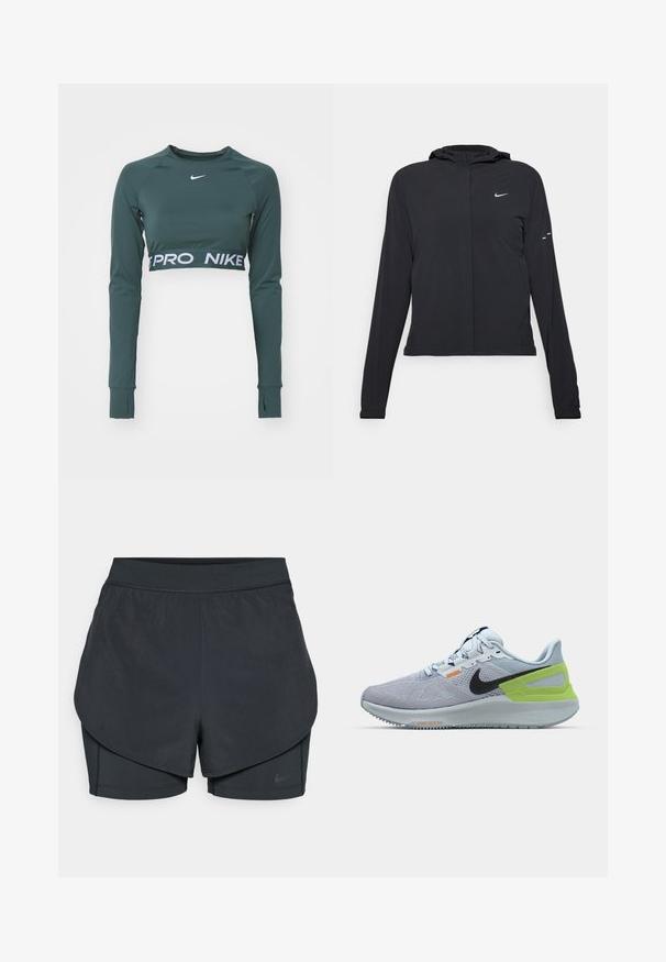 Mustassa hupparissa on pitkät hihat, ja se on valmistettu kevyestä materiaalista. Siinä on edessä vetoketju, Nike-logo ja hillityt muotoiluyksityiskohdat.; Tummanvihreä pitkähihaisuus crop-top, joka on valmistettu sileästä kankaasta. Siinä on logo ja kontrastivärinen valkoinen nauha, jossa on "PRO NIKE" -teksti helman kohdalla.; Mustat urheilushortsit kerroksellisella designilla, joissa on sileä ulkopinta ja tiukasti istuvat sisäshortsit. Valmistettu kevyestä, joustavasta kankaasta.; Nike juoksukengät vaaleanharmaasta verkkomateriaalista, mustalla swoosh-logolla, vihreällä yksityiskohdalla kantapäällä ja oranssilla detaljilla. Suunniteltu mukavuutta ja tukea varten.