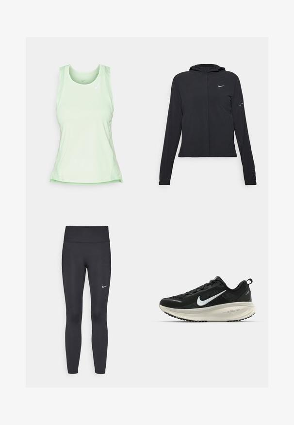 Černá kapucňová bunda s dlouhými rukávy, vyrobená z lehkého materiálu. Obsahuje přední zip, logo Nike a decentní designové akcenty.; Nike Performance FAST TANK - Top - vapor green/reflective silver; Černé legíny vyrobené z elastického materiálu, s vysokým pasem a bílým logem Nike na levém stehně. Hladká textura, přiléhavý střih.; Černá běžecká obuv Nike s prodyšným síťovaným svrškem, bílým logem swoosh, texturovanými detaily a krémovou mezipodešví ZoomX.