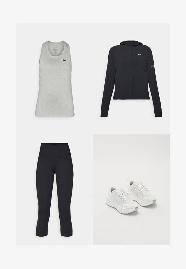 Schwarze Kapuzenjacke mit langen Ärmeln, aus leichtem Material gefertigt. Sie hat einen vorderen Reißverschluss, ein Nike-Logo und dezente Designelemente.; Hellgrau ärmelloses Sporttanktop aus weichem Stoff, mit Rundhalsausschnitt und kleinem schwarzen Nike-Logo auf der linken Brust.; Schwarze, cropped Leggings aus dehnbarem Material, mit einem hohen Bund und glatter Textur, ohne sichtbare Muster oder Hardware.; Weiße Sportschuhe mit einem strukturierten Mesh-Obermaterial, gepolsterter Sohle und dezenten grauen Akzenten. Enthält Branding und eine Schlaufe an der Ferse für einfaches Anziehen.