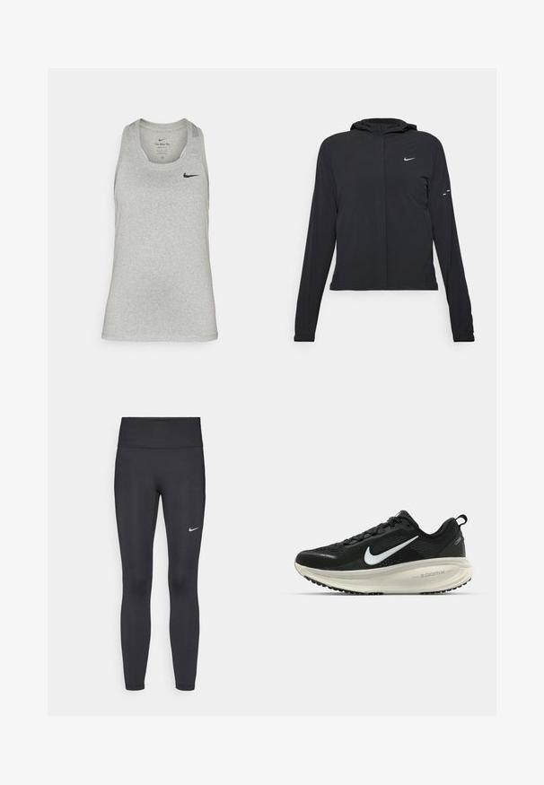 Melnā kapuci jaka ar garām piedurknēm, izgatavota no viegla materiāla. Tam ir priekšējais rāvējslēdzis, Nike logo un smalki dizaina akcenti.; Gaiši pelēks bez piedurknēm sporta topiņš, izgatavots no mīksta auduma, ar apaļu kakla izgriezumu un mazu melnu Nike logotipu kreisajā krūtī.; Melnas legingi, izgatavoti no elastīga auduma, ar augstu jostu un baltu Nike logotipu kreisajā augšstilbā. Gluda tekstūra, piegulošs dizains.; Melnas Nike skriešanas kurpes ar elpojošu acs augšdaļu, baltu Swoosh logotipu, strukturētu apdari un krēmkrāsas ZoomX starpsole.