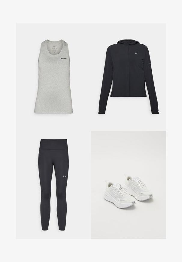 Crna jakna s kapuljačom i dugim rukavima, izrađena od laganog materijala. Ima prednji patentni zatvarač, Nike logo i suptilne dizajnerske detalje.; Svijetlosiva bezrukavna atletska majica izrađena od mekog materijala, s okruglim izrezom i malim crnim Nike logom na lijevoj strani prsa.; Crne tajice izrađene od rastezljivog materijala, s visokim strukom i bijelim Nike logotipom na lijevom bedru. Glatka tekstura, dizajn koji prati obline.; Bijele sportske tenisice s teksturiranim mrežastim gornjim dijelom, podstavljenom potplatom i suptilnim sivim naglascima. Uključuju brendiranje i petlju na peti za lakše obuvanje.