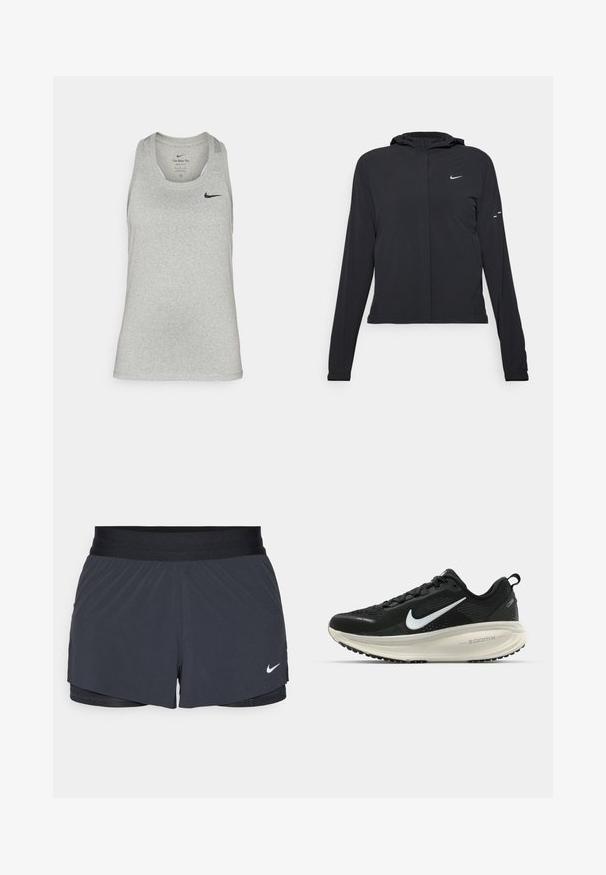 Svart huva jacka med långa ärmar, gjord av lätt material. Har en framdragare, en Nike-logotyp och subtila designelement.; Ljusgrå ärmlös träningslinne i mjukt tyg, med en rund halsringning och en liten svart Nike-logotyp på vänster bröst.; Svarta idrottsshorts med elastisk midja, med en lagerdesign och en liten vit Nike-logga på nedre vänstra sidan. Lättviktig material.; Svart Nike löparsko med andningsbart mesh-ovandel, vit swoosh-logotyp, texturerad detaljering och en krämfärgad ZoomX-mellansula.