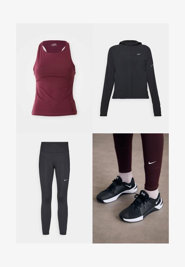Črna kapuča s dolgimi rokavi, izdelana iz lahkega materiala. Ima sprednji zadrgo, logotip Nike in subtilne oblikovne detajle.; Bordeaux atletska majica bez rukava, izdelana iz raztegljive tkanine. Ima okroglo ovratnico, široke naramnice in prilegan kroj.; Črne legice iz elastične tkanine, z visokim pasom in belim Nike logo na levem stegnu. Gladka tekstura, oblikovno prilegajoč dizajn.; Črne športne čevlje z teksturirano zgornjimi deli in belimi akcenti, vključno z vezalkami in logotipom na strani. Oblečene z maroon legicami in svetlimi nogavicami.