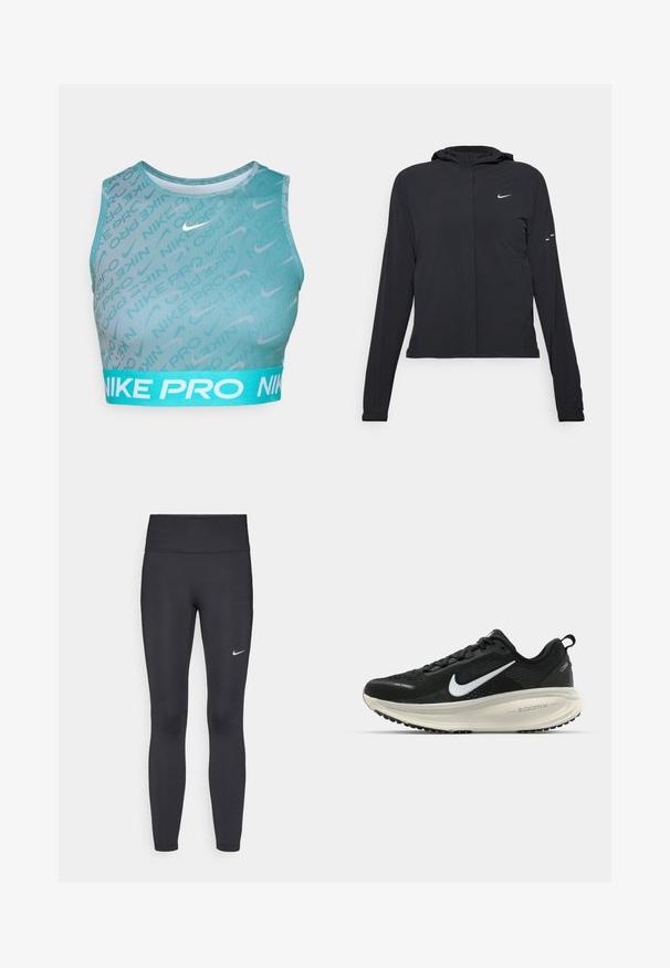Chaqueta negra con capucha y mangas largas, hecha de un material ligero. Presenta un cierre frontal, un logo de Nike y acentos de diseño sutiles.; Sostén deportivo Nike Pro en color teal con textura acanalada, patrón abstracto y una banda de cintura en azul claro con logotipos en blanco.; Leggings negras de tela elástica, con una cintura alta y un logo blanco de Nike en el muslo izquierdo. Textura suave, diseño ajustado.; Zapatilla de running Nike negra con parte superior de malla transpirable, logo Swoosh blanco, detalles texturizados y una entresuela ZoomX de color crema.