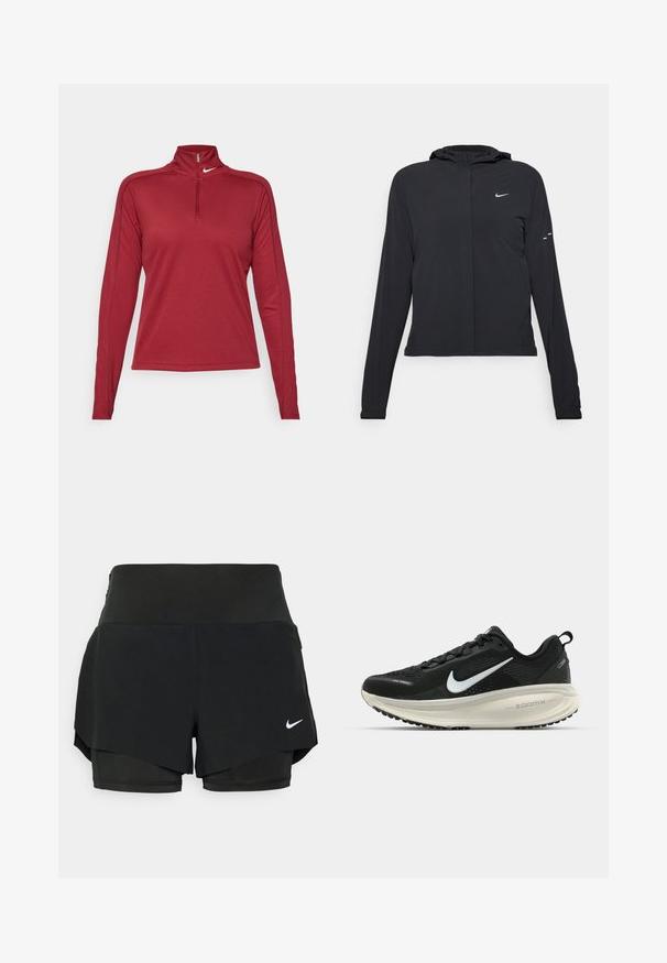 Black hooded jacket with long sleeves, made from lightweight material. Features a front zipper, a Nike logo, and subtle design accents.; Red long-sleeve athletic top with a high mock neck and half-zipper. Features smooth, lightweight fabric and contrasting seams along the sleeves.; Black athletic shorts featuring a layered design with an inner short and outer overlay, made of lightweight, stretchable fabric.; Black Nike running shoe with breathable mesh upper, white swoosh logo, textured detailing, and a cream-colored ZoomX midsole.