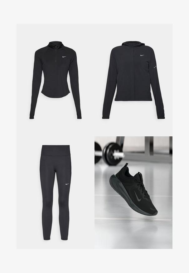 Črna kapuča s dolgimi rokavi, izdelana iz lahkega materiala. Ima sprednji zadrgo, logotip Nike in subtilne oblikovne detajle.; Črna atletska majica z dolgimi rokavi in visokim ovratnikom ter četrt zadrgo. Ima prilegnjen kroj in bel Nike logotip na prsih.; Črne legice iz elastične tkanine, z visokim pasom in belim Nike logo na levem stegnu. Gladka tekstura, oblikovno prilegajoč dizajn.; Črne športne teniske z logotipom Nike, prikazane v zraku na telovadni talni površini, v ozadju pa zamegljena vrsta uteži.