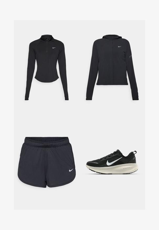 Zwarte kaptrui met lange mouwen, gemaakt van lichtgewicht materiaal. Voorzien van een ritssluiting aan de voorkant, een Nike-logo en subtiele ontwerpelementen.; Zwart sportief langemouwen shirt met een hoge kraag en een kwart ritssluiting. Heeft een slim fit vorm en een wit Nike-logo op de borst.; Zwarte sportieve shorts van lichtgewicht, ademend materiaal. Voorzien van een elastische tailleband en een wit Nike-logo aan de rechteronderzijde.; Zwarte Nike hardloopschoen met ademend mesh bovenwerk, witte swoosh-logo, gestructureerde details en een crèmekleurige ZoomX middenzool.