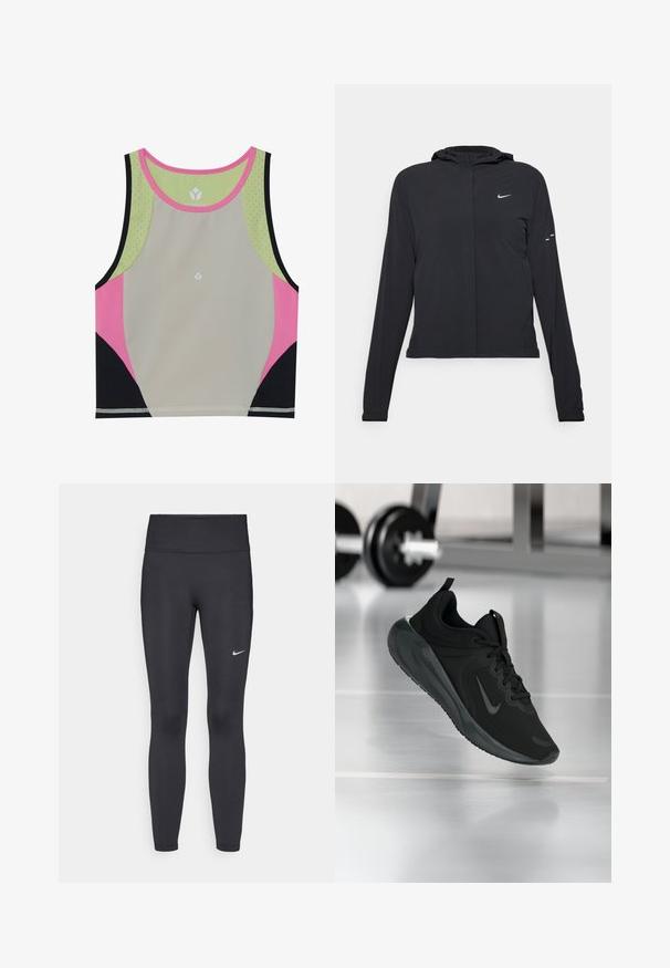 Zwarte kaptrui met lange mouwen, gemaakt van lichtgewicht materiaal. Voorzien van een ritssluiting aan de voorkant, een Nike-logo en subtiele ontwerpelementen.; Kleurrijke sportcrop top met een lichtgrijze body, accenten in roze, zwart en groen, en een ronde halslijn met geperforeerde details.; Zwarte legging van rekbare stof met een hoge tailleband en een wit Nike-logo op de linkerdij. Gladde textuur, aansluitend ontwerp.; Zwarte sportsneaker met Nike-logo, weergegeven in de lucht boven de gymvloer, met een vervaagde halterrek op de achtergrond.