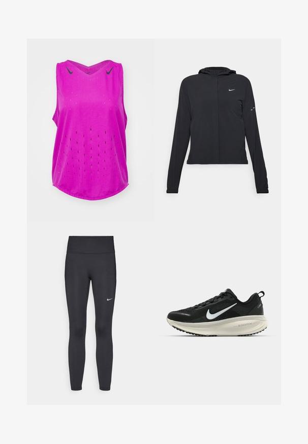 Schwarze Kapuzenjacke mit langen Ärmeln, aus leichtem Material gefertigt. Sie hat einen vorderen Reißverschluss, ein Nike-Logo und dezente Designelemente.; Nike Performance AEROSWIFT SINGLET - Top - hot fuchsia/black; Schwarze Leggings aus elastischem Stoff, mit einem hohen Bund und einem weißen Nike-Logo auf dem linken Oberschenkel. Glatte Textur, figurbetontes Design.; Schwarzer Nike-Laufschuh mit atmungsaktivem Mesh-Obermaterial, weißem Swoosh-Logo, strukturierten Details und einer cremefarbenen ZoomX-Zwischensohle.