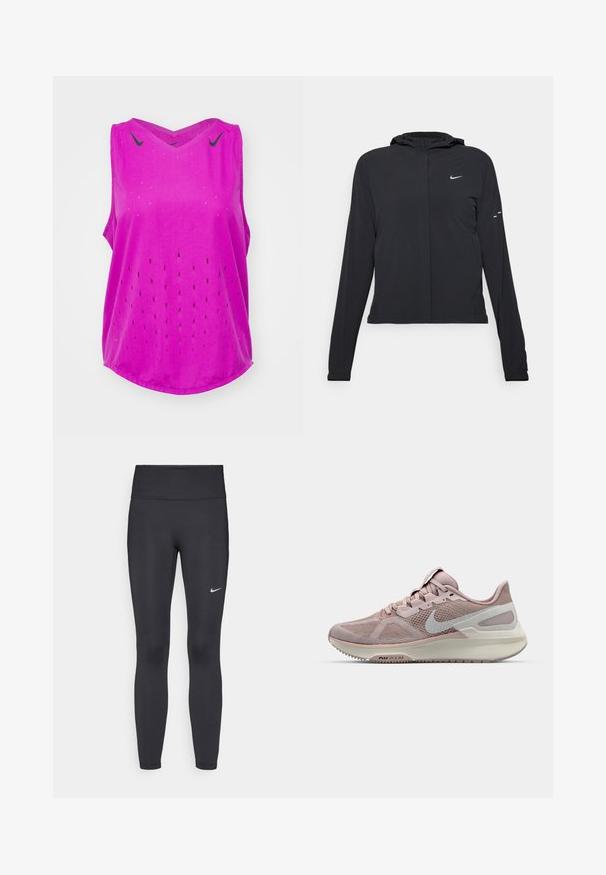 Svart hettegenser med lange ermer, laget av lett materiale. Har glidelås foran, Nike-logo og subtile design detaljer.; Nike Performance AEROSWIFT SINGLET - Topper - hot fuchsia/black; Sorte leggings laget av elastisk stoff, med høy livlinje og en hvit Nike-logo på venstre lår. Glatt tekstur, kroppsnær passform.; Nike løpesko med nettverksoverdel i lys rosa og grå, med en polstret såle og en avrundet tådesign. Utsmykket med swoosh-logo.