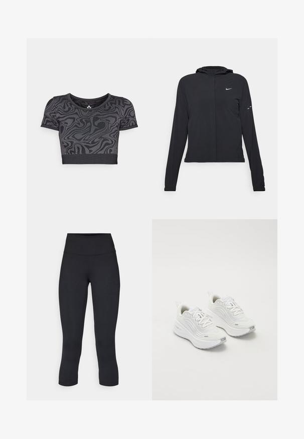 Svart hettegenser med lange ermer, laget av lett materiale. Har glidelås foran, Nike-logo og subtile design detaljer.; Svart kortermet topp med et svirlende mønster. Laget av elastisk stoff med rund hals og korte ermer. Horisontal ribbestrikket kant.; Sorte, cropped leggings laget av elastisk stoff, med høy midje og glatt tekstur, uten synlige mønstre eller detaljer.; Hvite joggesko med et teksturert mesh-overdel, polstret såle og subtile grå aksenter. Inkluderer merkevare og løkke på hælen for enkel påkledning.