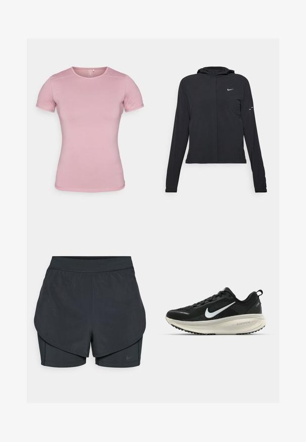 Čierna kapucňová bunda s dlhou rukávou, vyrobená z ľahkého materiálu. Má predný zips, logo Nike a jemné dizajnové akcenty.; Krátky rukáv tričko v jemnej ružovej farbe, textilný materiál s jemnou štruktúrou a priliehavým strihom. Má okrúhly výstrih a štandardný lem bez ozdôb.; Čierne športové šortky s vrstveným dizajnom, s hladkou vonkajšou vrstvou a priliehavými vnútornými šortkami. Vyrobené z ľahkej, elastickej tkaniny.; Čierne bežecké topánky Nike s priedušnou sieťovinou, bielym logom s symbolom swoosh, textúrovanými detailmi a krémovou ZoomX medzipodrážkou.
