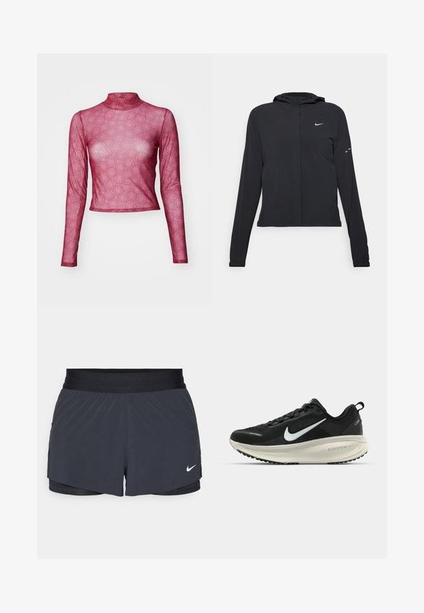 Crna jakna s kapuljačom i dugim rukavima, izrađena od laganog materijala. Ima prednji patentni zatvarač, Nike logo i suptilne dizajnerske detalje.; Dugih rukava, prilagođeni gornji dio od prozirne ružičaste mreže s ponavljajućim uzorkom nasmijanih lica. Dizajn s visokim ovratnikom i glatkom, laganom teksturom.; Crne atletske kratke hlače s elastičnom stražnjicom, imaju slojeviti dizajn i mali bijeli Nike logo na donjoj lijevoj strani. Lagani materijal.; Crne Nike trkačke tenisice s prozračnom mrežastom gornjom konstrukcijom, bijelim swoosh logotipom, teksturiranim detaljima i kremastom ZoomX srednjom potplatnom jedinicom.