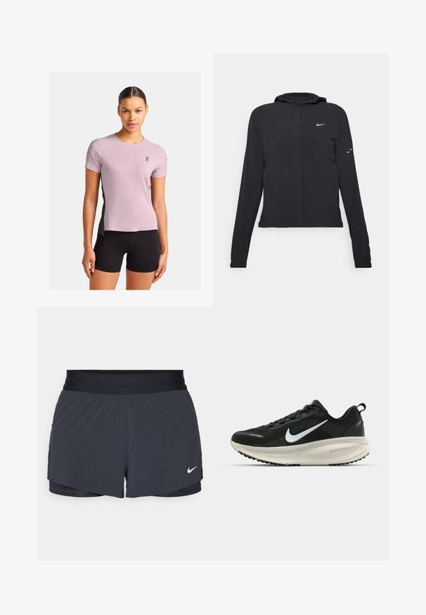 Schwarze Kapuzenjacke mit langen Ärmeln, aus leichtem Material gefertigt. Sie hat einen vorderen Reißverschluss, ein Nike-Logo und dezente Designelemente.; On PERFORMANCE - Sport T-Shirt - mauve lead; Schwarze Sportshorts mit elastischem Bund, ausgestattet mit einem geschichteten Design und einem kleinen weißen Nike-Logo unten links. Leichtes Material.; Schwarzer Nike-Laufschuh mit atmungsaktivem Mesh-Obermaterial, weißem Swoosh-Logo, strukturierten Details und einer cremefarbenen ZoomX-Zwischensohle.