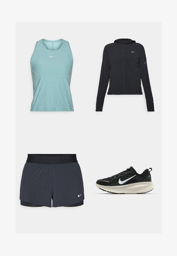 Fekete kapucnis dzseki hosszú ujjakkal, könnyű anyagból készült. Elülső cipzárral, Nike logóval és diszkrét dizájn elemekkel rendelkezik.; Világos türkiz színű sportatlétika ujjatlan felső kerek nyakkal. Kicsi fehér logóval rendelkezik a mellen és oldalsó varrásokkal a karcsú illeszkedés érdekében.; Fekete sportnadrág elasztikus derékkal, réteges kialakítással és kis fehér Nike logóval a bal alsó részen. Könnyű anyag.; Fekete Nike futócipő légáteresztő hálós felsőrésszel, fehér Swoosh logóval, textúrázott részletekkel és krém színű ZoomX középtalppal.