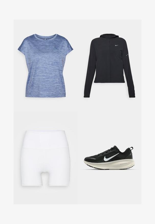 Černá kapucňová bunda s dlouhými rukávy, vyrobená z lehkého materiálu. Obsahuje přední zip, logo Nike a decentní designové akcenty.; ONLY Play ONPAUB-CORE LIFE ON SS LOOSE BAT TEE - Sportovní tričko - vintage indigo; Bílé šortky s vysokým pasem vyrobené z elastického materiálu. Mají hladký povrch a přiléhavý střih, bez dalších vzorů či kovových prvků.; Černá běžecká obuv Nike s prodyšným síťovaným svrškem, bílým logem swoosh, texturovanými detaily a krémovou mezipodešví ZoomX.