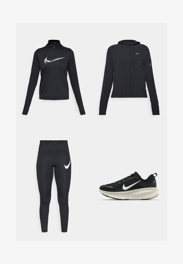 Giacca nera con cappuccio e maniche lunghe, realizzata in materiale leggero. Presenta una zip frontale, il logo Nike e accenti di design sottili.; Maglietta atletica nera a maniche lunghe con collo a cipolla e un grande logo Nike bianco sul petto. Tessuto liscio.; Leggings sportive neri a vita alta con il logo bianco dello swoosh Nike nella parte superiore della coscia sinistra su uno sfondo bianco.; Scarpa da corsa nera Nike con tomaia in rete traspirante, logo Swoosh bianco, dettagli testurizzati e intersuola ZoomX di colore crema.