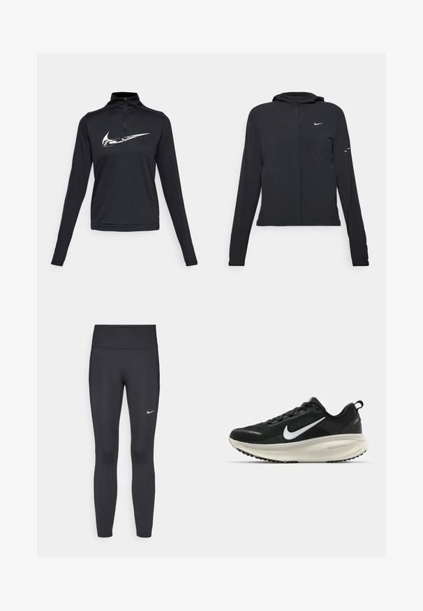 Giacca nera con cappuccio e maniche lunghe, realizzata in materiale leggero. Presenta una zip frontale, il logo Nike e accenti di design sottili.; Maglietta atletica nera a maniche lunghe con collo a cipolla e un grande logo Nike bianco sul petto. Tessuto liscio.; Leggings neri realizzati in tessuto elasticizzato, con una vita alta e un logo Nike bianco sulla coscia sinistra. Tessuto liscio, design aderente.; Scarpa da corsa nera Nike con tomaia in rete traspirante, logo Swoosh bianco, dettagli testurizzati e intersuola ZoomX di colore crema.
