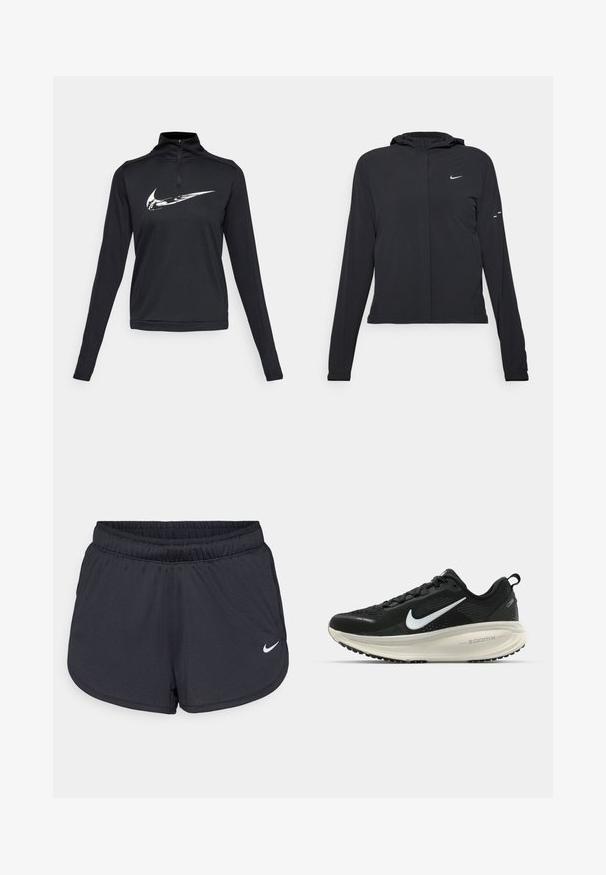 Zwarte kaptrui met lange mouwen, gemaakt van lichtgewicht materiaal. Voorzien van een ritssluiting aan de voorkant, een Nike-logo en subtiele ontwerpelementen.; Zwarte lange mouw sporttop met een kwart-rits halslijn en een opvallend wit Nike swoosh logo op de borst. Glad textuur.; Zwarte sportieve shorts van lichtgewicht, ademend materiaal. Voorzien van een elastische tailleband en een wit Nike-logo aan de rechteronderzijde.; Zwarte Nike hardloopschoen met ademend mesh bovenwerk, witte swoosh-logo, gestructureerde details en een crèmekleurige ZoomX middenzool.