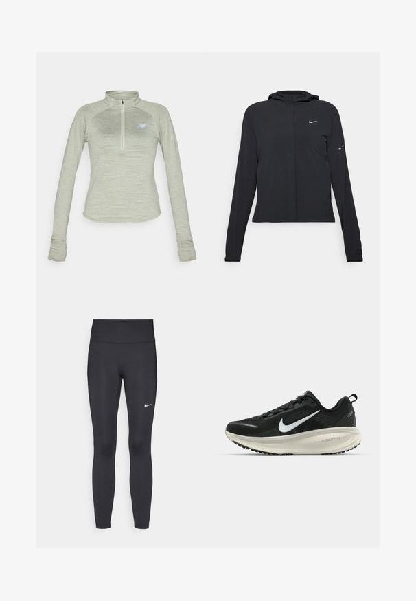 Mustassa hupparissa on pitkät hihat, ja se on valmistettu kevyestä materiaalista. Siinä on edessä vetoketju, Nike-logo ja hillityt muotoiluyksityiskohdat.; New Balance ATHLETICS GRID 1/2 ZIP - Pitkähihainen paita - garter snake heather; Mustat leggingsit joustavasta kankaasta, joissa on korkea vyötärö ja valkoinen Nike-logo vasemmassa reidessä. Sileä pinta, muotoaan myötäilevä suunnittelu.; Mustat Nike-juoksukengät, joissa on hengittävä verkko-osa, valkoinen swoosh-logo, teksturoitu yksityiskohtaus ja kermaisen värinen ZoomX-välipohja.