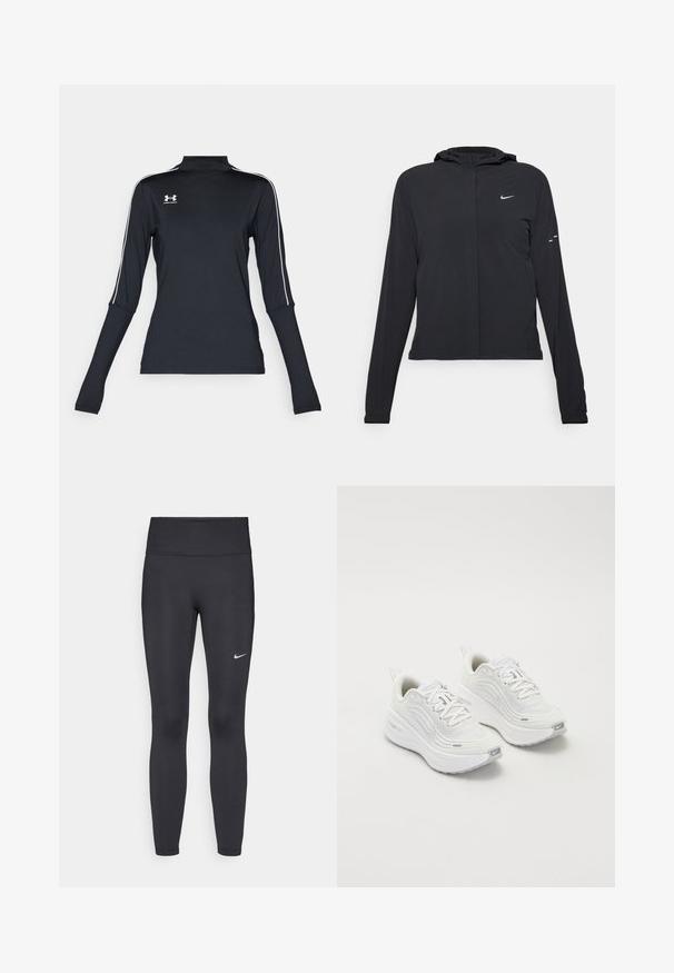 Melnā kapuci jaka ar garām piedurknēm, izgatavota no viegla materiāla. Tam ir priekšējais rāvējslēdzis, Nike logo un smalki dizaina akcenti.; Melna garo piedurkņu sporta krekls ar augstu apkakli, ar baltām sānu svītrām un mazu logo kreisajā augšējā krūtīs. Mīksta, elastīga auduma.; Melnas legingi, izgatavoti no elastīga auduma, ar augstu jostu un baltu Nike logotipu kreisajā augšstilbā. Gluda tekstūra, piegulošs dizains.; Baltas sporta apavi ar teksturētu sieta augšdaļu, mīkstinātu zoli un smalkiem pelēkiem akcentiem. Iekļauj zīmolu un cilpu papēža cilpu vieglai uzvilkšanai.