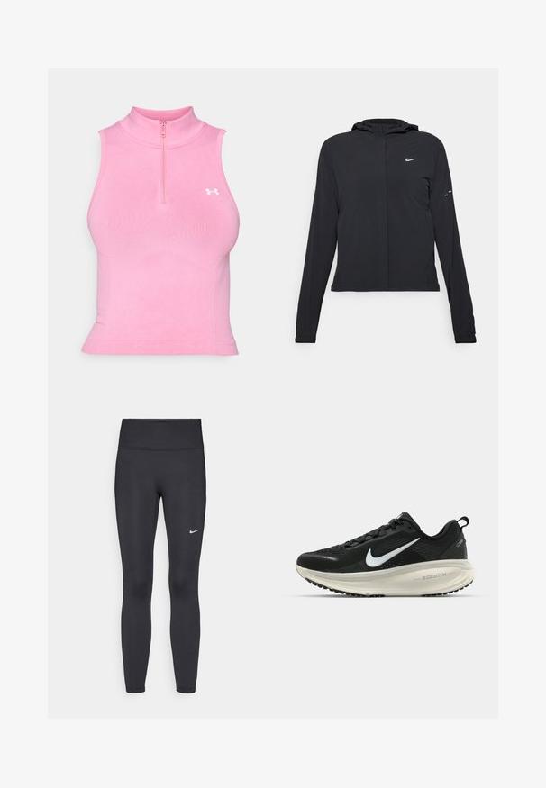 Jachetă neagră cu glugă, cu mâneci lungi, fabricată din material ușor. Dispune de un fermoar frontal, un logo Nike și accente de design subtile.; Top sportiv fără mâneci, de culoare roz, cu guler înalt și închidere cu fermoar. Fabricat dintr-un material elastic, având un design ajustat și logo alb.; Leggings negre dintr-un material elastic, având talie înaltă și un logo alb Nike pe coapsa stângă. Textură netedă, design care se conturează pe corp.; Pantofii de alergare negri de la Nike, cu parte superioară din plasă respirabilă, logo-ul alb Swoosh, detalii texturate și o talpă intermediară ZoomX de culoare crem.