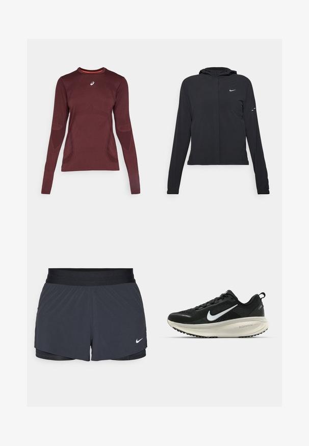 Sort hættetrøje med lange ærmer, lavet af letvægtsmateriale. Har en frontlynlås, et Nike-logo og subtile designaccenter.; Langærmet atletisk skjorte i burgunderrød med rund hals og struktureret mønster. Har kontrasterende orange inderside og logo på brystet.; Sort træningsshorts med elastisk talje, der har et lagdelt design og et lille hvidt Nike-logo nederst til venstre. Letvægtsmateriale.; Sort Nike løbesko med åndbart mesh-overdel, hvidt swoosh-logo, tekstureret detaljering og en cremede ZoomX mellemsål.