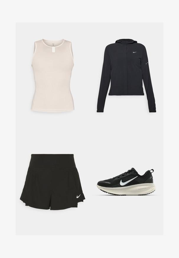 Chaqueta negra con capucha y mangas largas, hecha de un material ligero. Presenta un cierre frontal, un logo de Nike y acentos de diseño sutiles.; Top sin mangas en un beige claro, con un diseño de malla texturizada, escote redondo y una pequeña etiqueta blanca en la parte central de la espalda.; Shorts deportivos negros con una cintura ancha, detalles plisados, dobladillo curvado y el logo de Nike en blanco en la parte inferior derecha.; Zapatilla de running Nike negra con parte superior de malla transpirable, logo Swoosh blanco, detalles texturizados y una entresuela ZoomX de color crema.