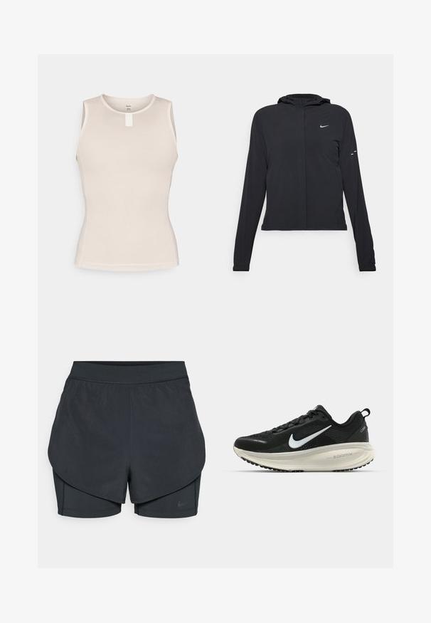 Veste à capuche noire avec des manches longues, fabriquée en matériau léger. Elle comporte une fermeture éclair à l'avant, un logo Nike et des accents de design subtils.; Débardeur sans manches en beige clair, présentant un motif en maille texturée, un col rond et une petite étiquette blanche au dos au centre.; Shorts de sport noirs avec un design superposé, présentant une couche extérieure lisse et des shorts intérieurs ajustés. Fabriqués en tissu léger et extensible.; Baskets de course noir Nike avec tige respirante en mesh, logo swoosh blanc, détails texturés et semelle intermédiaire ZoomX de couleur crème.
