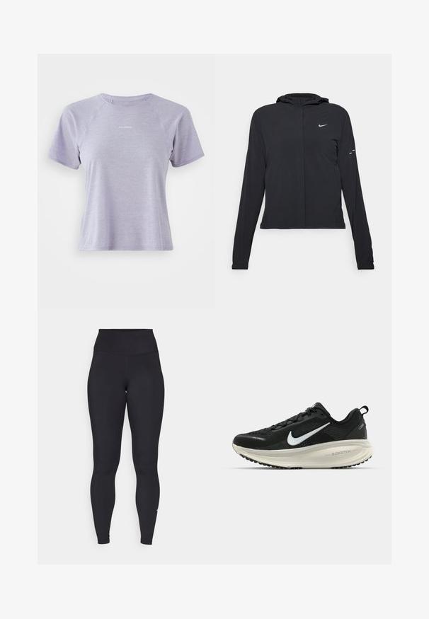 Must musta kapuutsiga jakk, millel on pikad varrukad ja mis on valmistatud kergetest materjalidest. Omab esitaskut, Nike logo ja kergelt silmatorkavaid disainiaktsente.; Lühikeste varrukatega lavendlivärvi sportlik särg, mis on valmistatud kergest kangast ja millel on tekstuuriga muster; tähistatud raglanvarrukatega ja väike logo ees.; Mustad kõrgvöödiga retuusid, mis on valmistatud venivast ja siledast kangast. Omab keha lähedast siluetti ning logoaaktsenti pahkluul.; Musthave mustus Nike jooksujalats, millel on hingav võrgust ülemine osa, valge swoosh logo, tekstuuriga detailid ja kreemja värvusega ZoomX vahevöö.