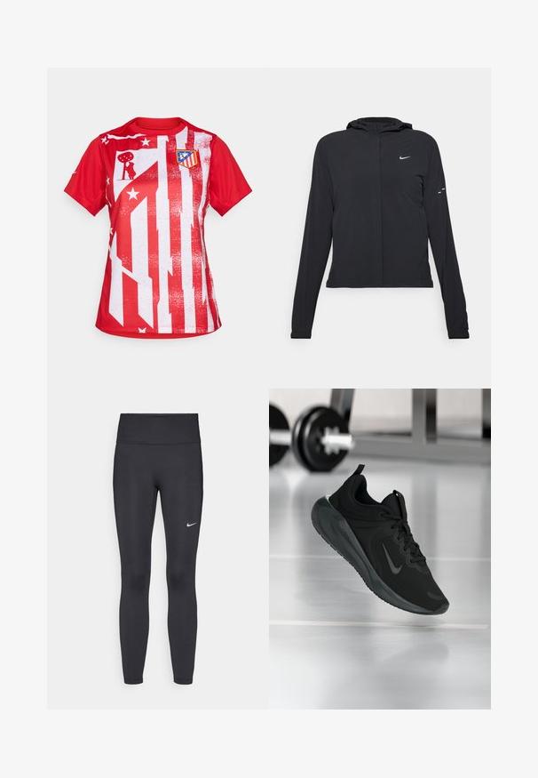 Crna jakna s kapuljačom i dugim rukavima, izrađena od laganog materijala. Ima prednji patentni zatvarač, Nike logo i suptilne dizajnerske detalje.; Crveni duks kratkih rukava s bijelim prugastim dizajnom sa zvjezdicama i grbom kluba na lijevoj strani prsnog koša, napravljen od lagane tkanine.; Crne tajice izrađene od rastezljivog materijala, s visokim strukom i bijelim Nike logotipom na lijevom bedru. Glatka tekstura, dizajn koji prati obline.; Crna sportska tenisica s Nike logotipom, prikazana u zraku na podu teretane, s mutnom stalcem za bučice u pozadini.
