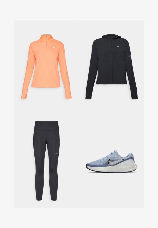 Black hooded jacket with long sleeves, made from lightweight material. Features a front zipper, a Nike logo, and subtle design accents.; Nike Performance DRI-FIT PACER - Long sleeved top - wild mango/reflective silver; Black leggings made of stretchy fabric, featuring a high waistband and a white Nike logo on the left thigh. Smooth texture, form-fitting design.; Light blue and white Nike running shoe with silver swoosh, breathable mesh upper, cushioned sole, and black outsole tread.