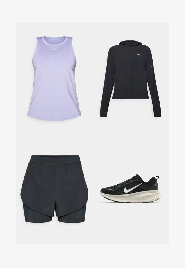 Zwarte kaptrui met lange mouwen, gemaakt van lichtgewicht materiaal. Voorzien van een ritssluiting aan de voorkant, een Nike-logo en subtiele ontwerpelementen.; Lichtpaarse Nike tanktop met een ronde hals, mouwloos ontwerp en klein wit logo op de bovenborst. Glad, vochtregulerend materiaal.; Zwarte sportshorts met een gelaagd ontwerp, voorzien van een gladde buitenlaag en aansluitende binnen shorts. Gemaakt van lichtgewicht, rekbare stof.; Zwarte Nike hardloopschoen met ademend mesh bovenwerk, witte swoosh-logo, gestructureerde details en een crèmekleurige ZoomX middenzool.