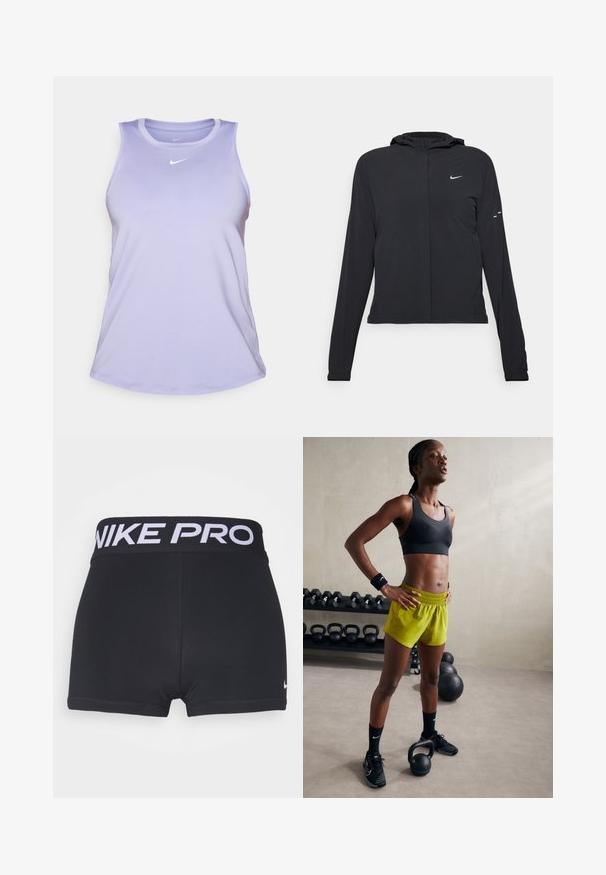 Giacca nera con cappuccio e maniche lunghe, realizzata in materiale leggero. Presenta una zip frontale, il logo Nike e accenti di design sottili.; Canottiera Nike lilla con scollatura rotonda, senza maniche e piccolo logo bianco sulla parte superiore del petto. Tessuto liscio e traspirante.; Pantaloni sportivi neri con una larga vita nera con la scritta "NIKE PRO" in bianco. Il tessuto è liscio e elastico e si notano le finiture dei lembi.; Reggiseno sportivo nero, pantaloni corti giallo brillante con vita elastica, scarpe da ginnastica nere e polsini, in piedi accanto a kettlebell.