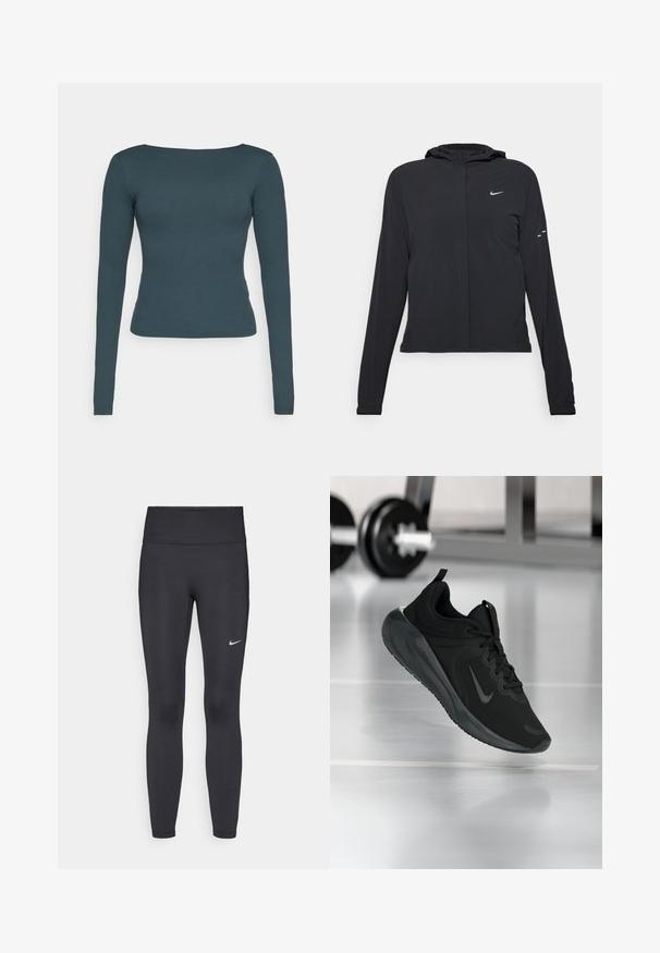 Mustassa hupparissa on pitkät hihat, ja se on valmistettu kevyestä materiaalista. Siinä on edessä vetoketju, Nike-logo ja hillityt muotoiluyksityiskohdat.; Pitkähiainen paita tumman teal-värisenä, jossa on pyöreä pääntie, kapea malli ja pehmeä, joustava kangas. Ei kuvioita tai koristeita näkyvissä.; Mustat leggingsit joustavasta kankaasta, joissa on korkea vyötärö ja valkoinen Nike-logo vasemmassa reidessä. Sileä pinta, muotoaan myötäilevä suunnittelu.; Musta urheilusneekeri, jossa on Nike-logo, esitetty ilmassa kuntosalilattialla, taustalla sumea käsipainohylly.