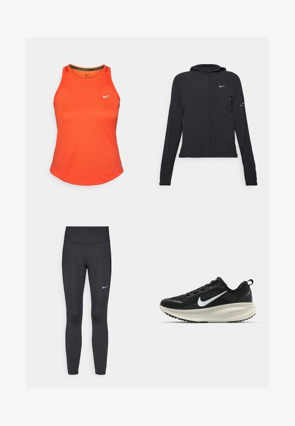 Must musta kapuutsiga jakk, millel on pikad varrukad ja mis on valmistatud kergetest materjalidest. Omab esitaskut, Nike logo ja kergelt silmatorkavaid disainiaktsente.; Oranz värvusega käisteta treeningtank, valmistatud siledast kangast, millel on vasakul rinnal väike valge Nike logo ja ümmargune kaelus.; Mustad mustadest leggingid, mis on valmistatud venivast kangast, kõrge vöökoha ja valge Nike logo abil vasakul reiel. Sile tekstuur, keha järgiv disain.; Musthave mustus Nike jooksujalats, millel on hingav võrgust ülemine osa, valge swoosh logo, tekstuuriga detailid ja kreemja värvusega ZoomX vahevöö.