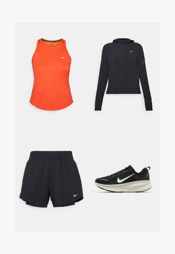 Zwarte kaptrui met lange mouwen, gemaakt van lichtgewicht materiaal. Voorzien van een ritssluiting aan de voorkant, een Nike-logo en subtiele ontwerpelementen.; Oranje mouwloos sporttanktop van gladde stof, met een klein wit Nike-logo op de linkerborst en een ronde halslijn.; Zwarte sportshorts met een geraffineerde elastische tailleband, binnenvoering en wit Nike-logo aan de onderkant links. Soepele, lichte stof.; Zwarte Nike hardloopschoen met ademend mesh bovenwerk, witte swoosh-logo, gestructureerde details en een crèmekleurige ZoomX middenzool.