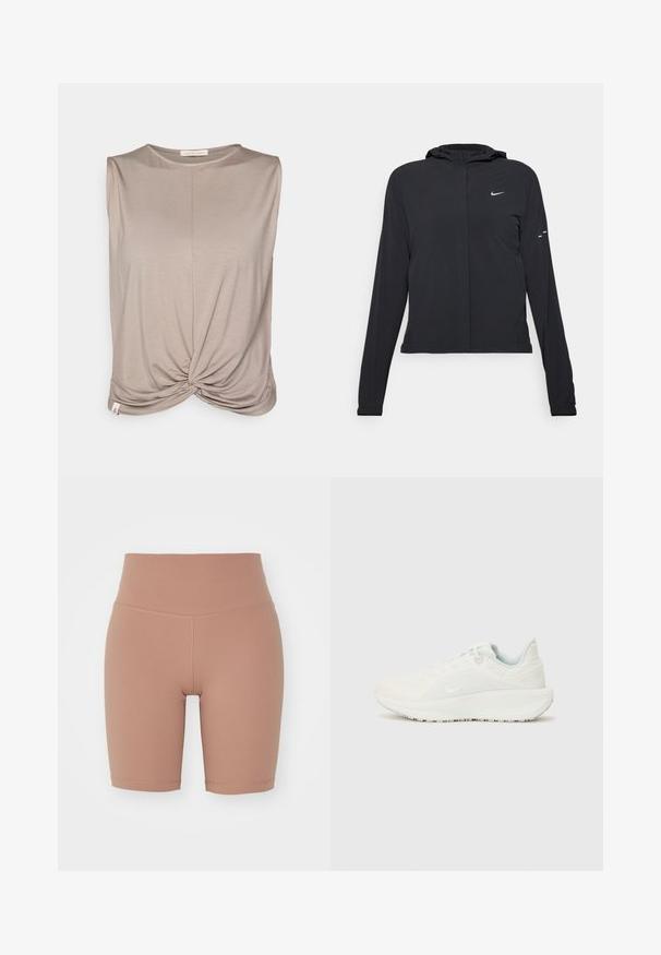 Black hooded jacket with long sleeves, made from lightweight material. Features a front zipper, a Nike logo, and subtle design accents.; Yogasearcher TWISTED - Top - cacao; High-waisted bike shorts in a beige color, made of stretchy material, featuring a smooth texture and clean seams for comfort and fit.; White athletic shoes with a textured upper, padded collar, and lace closure. Features a curved outsole and subtle branding on the side.