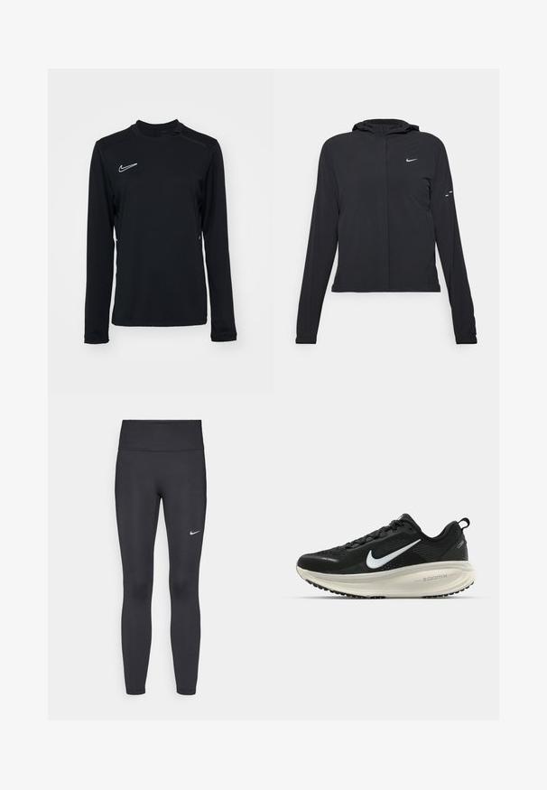 Sort hættetrøje med lange ærmer, lavet af letvægtsmateriale. Har en frontlynlås, et Nike-logo og subtile designaccenter.; Sort langærmet træningsshirt lavet af glat stof, med rund halsudskæring og et lille hvidt Nike-logo på den øverste venstre side.; Sorte leggings lavet af strækbart stof, med en høj talje og et hvidt Nike-logo på venstre lår. Glat tekstur, tætsiddende design.; Sort Nike løbesko med åndbart mesh-overdel, hvidt swoosh-logo, tekstureret detaljering og en cremede ZoomX mellemsål.