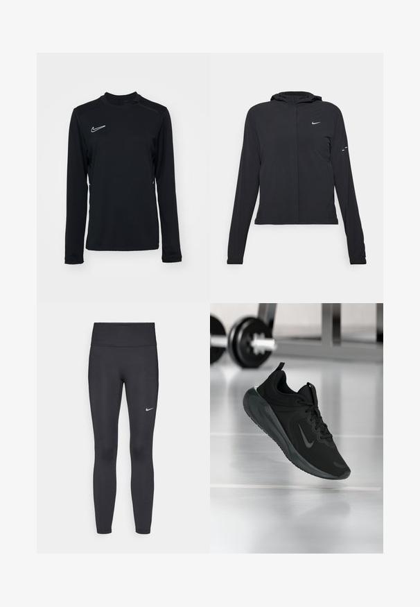 Black hooded jacket with long sleeves, made from lightweight material. Features a front zipper, a Nike logo, and subtle design accents.; Black long-sleeve athletic shirt made of smooth fabric, featuring a round neckline and a small white Nike logo on the upper left side.; Black leggings made of stretchy fabric, featuring a high waistband and a white Nike logo on the left thigh. Smooth texture, form-fitting design.; Black sports sneaker with Nike logo, shown mid-air on gym floor, with blurred dumbbell rack in background.