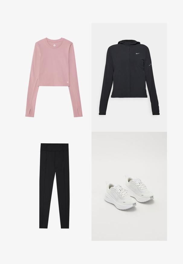 Sort hættetrøje med lange ærmer, lavet af letvægtsmateriale. Har en frontlynlås, et Nike-logo og subtile designaccenter.; Langærmet cropped top i blødt pink stof; har en rund hals, tommelfingerhuller i manchetterne og et lille logo på sømmen.; Sorte leggings med en glat tekstur, høj talje og syninger langs siderne. Slim-fit design, velegnet til forskellige aktiviteter.; Hvide sportssko med en struktureret mesh-overdel, polstret sål og subtile grå accenter. Inkluderer branding og en løkke i hælen for nem påtagning.