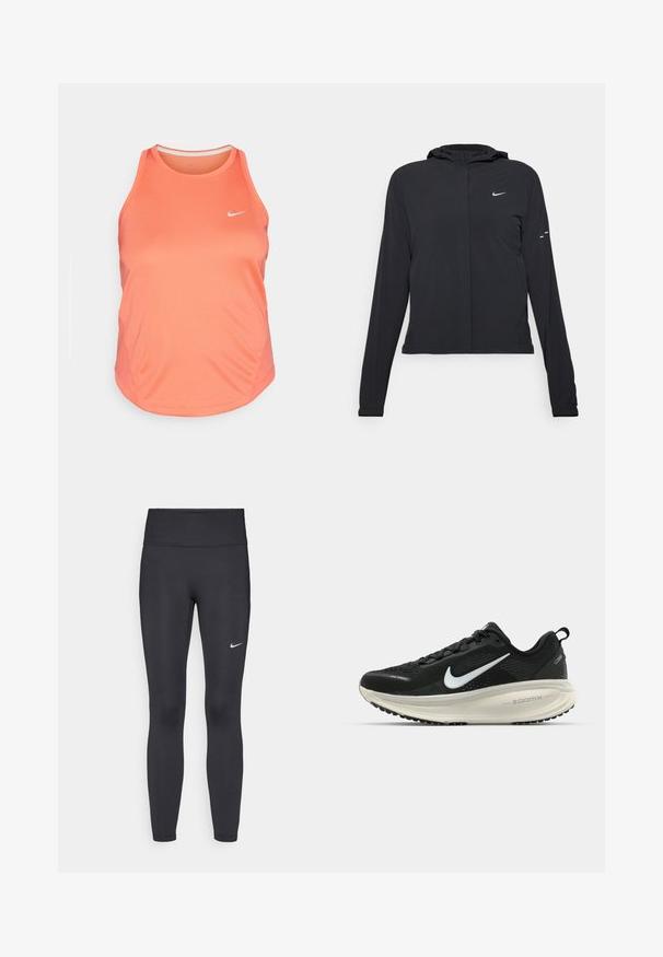Juodas gobtuvas striukė su ilgomis rankovėmis, pagaminta iš lengvo audinio. Pasižymi priekiniais užtrauktukais, Nike logotipu ir subtiliais dizaino akcentais.; Nike tank top ryškiai koraline spalva, su aukštu kaklu, be rankovių dizainu ir subtiliais siūlių akcentais šonuose. Logotipas spausdintas ant krūtinės.; Juodi leggingai iš elastingos medžiagos, turintys aukštą juosmenį ir baltą Nike logotipą kairėje šlaunyje. Lygus paviršius, prigludusi dizainas.; Juodas Nike sportinis batelis su kvėpuojančiu tinklu, baltu swoosh logotipu, tekstūruoto dizaino detalėmis ir grietinėlės spalvos ZoomX viduriu.