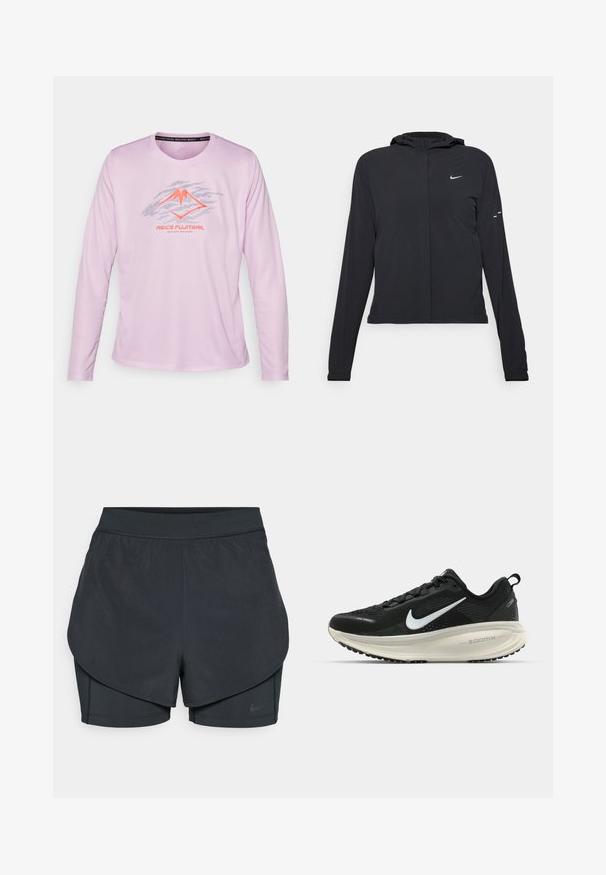 Schwarze Kapuzenjacke mit langen Ärmeln, aus leichtem Material gefertigt. Sie hat einen vorderen Reißverschluss, ein Nike-Logo und dezente Designelemente.; Langärmliges Sportshirt in Hellrosa mit einem Bergmotiv in Silber und Orange. Der Stoff hat eine glatte Textur und einen Rundhalsausschnitt.; Schwarze sportliche Shorts mit einem geschichteten Design, das eine glatte äußere Schicht und eng anliegende innere Shorts umfasst. Hergestellt aus leichtem, dehnbarem Material.; Schwarzer Nike-Laufschuh mit atmungsaktivem Mesh-Obermaterial, weißem Swoosh-Logo, strukturierten Details und einer cremefarbenen ZoomX-Zwischensohle.