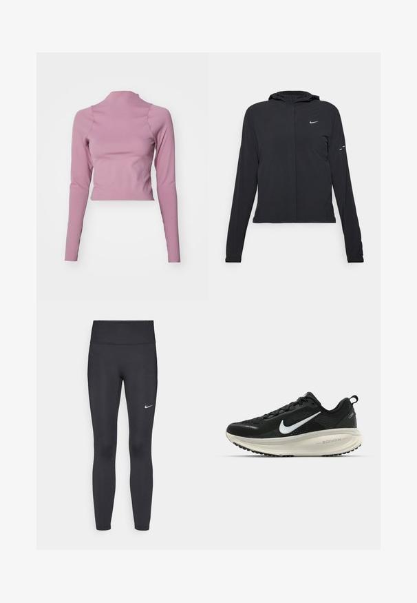 Fekete kapucnis dzseki hosszú ujjakkal, könnyű anyagból készült. Elülső cipzárral, Nike logóval és diszkrét dizájn elemekkel rendelkezik.; Hosszú ujjú, rövid fazonú felső puha, rugalmas rózsaszín anyagból. Magas nyakkal és sima textúrával rendelkezik, minimális varrással.; Fekete leggings elasztikus anyagból, magas derékkal és fehér Nike logóval a bal combon. Simább textúra, testhez álló kialakítás.; Fekete Nike futócipő légáteresztő hálós felsőrésszel, fehér Swoosh logóval, textúrázott részletekkel és krém színű ZoomX középtalppal.