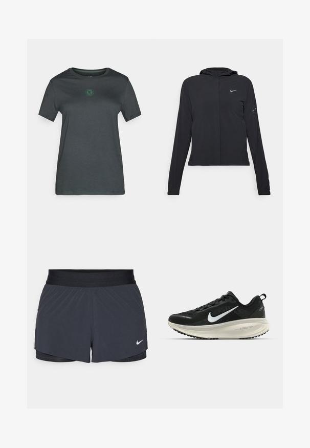Černá kapucňová bunda s dlouhými rukávy, vyrobená z lehkého materiálu. Obsahuje přední zip, logo Nike a decentní designové akcenty.; Tmavě šedé tričko s krátkým rukávem vyrobené z měkké látky, s zeleným logem uprostřed, s kulatým výstřihem a rovnými lemy.; Černé sportovní kraťasy s elastickým pasem, které mají vrstvený design a malé bílé logo Nike na dolním levém rohu. Lehce materiál.; Černá běžecká obuv Nike s prodyšným síťovaným svrškem, bílým logem swoosh, texturovanými detaily a krémovou mezipodešví ZoomX.